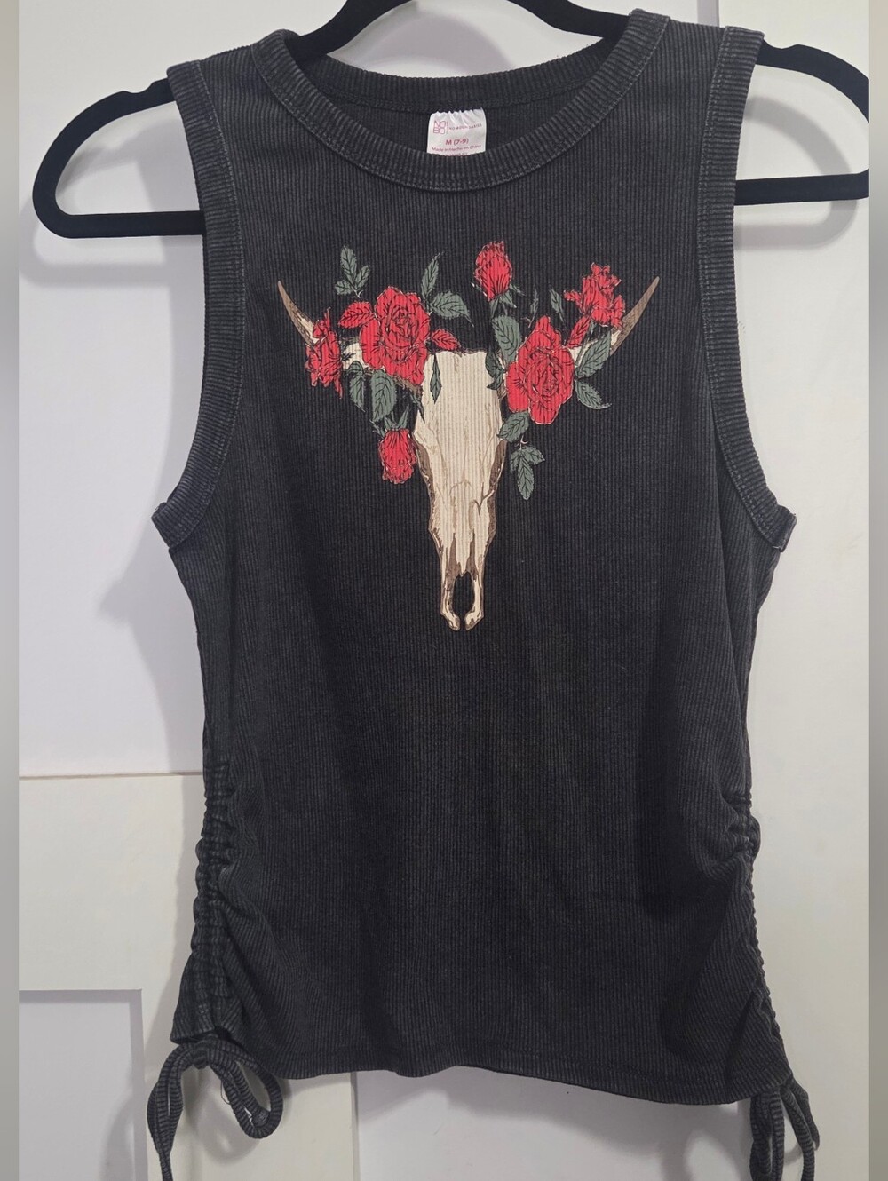 No Boundaries - Black Ribbed Tank with Floral Bull Skull Graphic